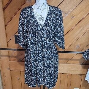 Luna Vee Womens Black Blue Ditsy Floral V-Neck Babydoll Mini Dress Size Medium
